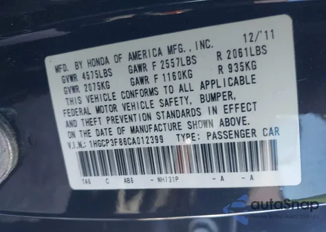 2012 Honda Accord 3.5 Ex-L from USA, damaged, VIN 1HGCP3F86CA012399